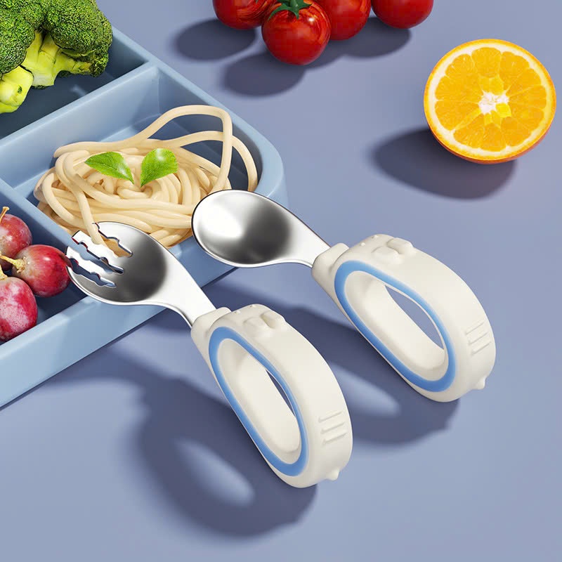 Ảnh Bộ Thìa nĩa tập ăn cho bé KidsWorld tay cầm silicon mềm, muỗng cong, inox 316, an toàn 1