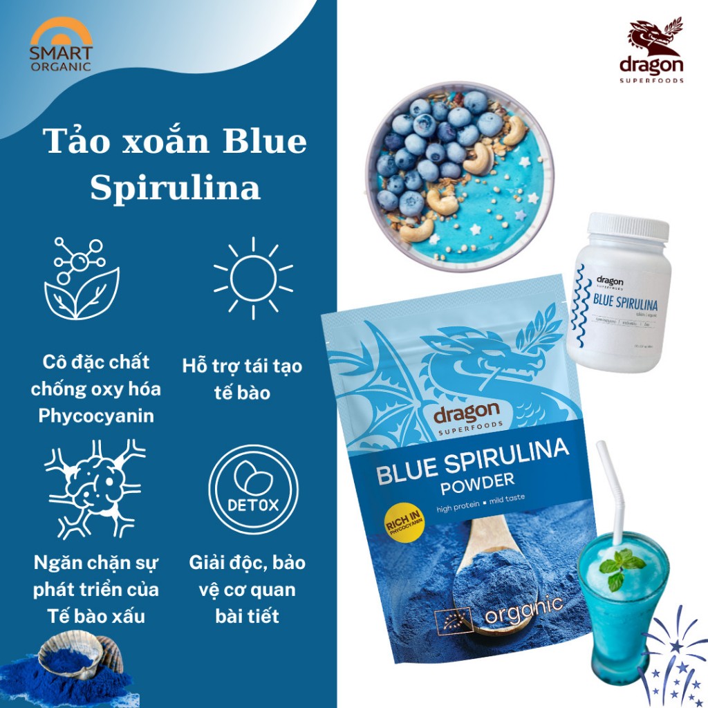 Bột tảo xoắn xanh Blue Spirulina hữu cơ Dragon Superfoods active phycocyanin