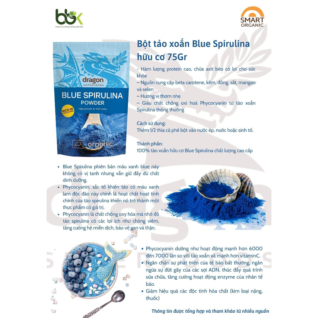 Bột tảo xoắn xanh Blue Spirulina hữu cơ Dragon Superfoods active phycocyanin