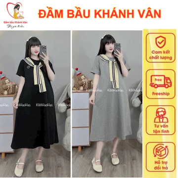 Váy bầu đầm bầu cộc tay thêu trái tim quàng khăn dáng Hàn Quốc chất cotton, đầm bầu thiết kế dáng suông, đầm bầu xinh