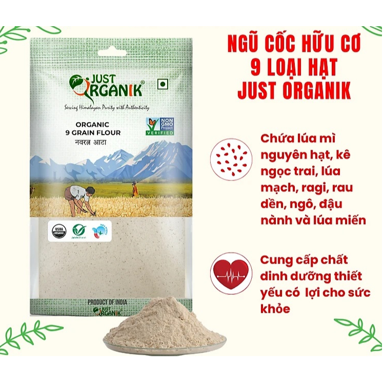 Bột Ngũ Cốc 9 Loại Hạt Dinh Dưỡng Hữu Cơ Just Organik giúp Lợi Sữa Sau Sinh Người Ăn Kiêng