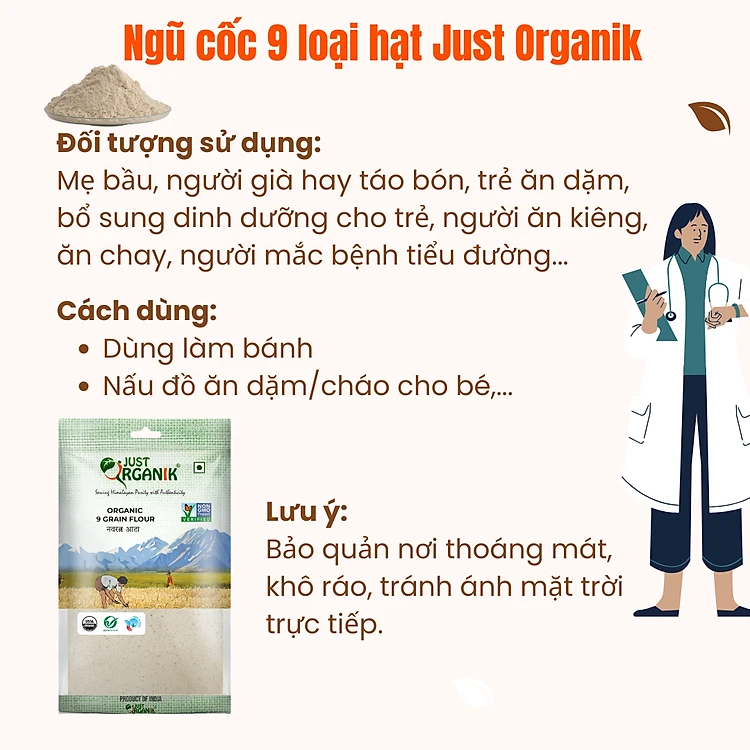 Bột Ngũ Cốc 9 Loại Hạt Dinh Dưỡng Hữu Cơ Just Organik giúp Lợi Sữa Sau Sinh Người Ăn Kiêng