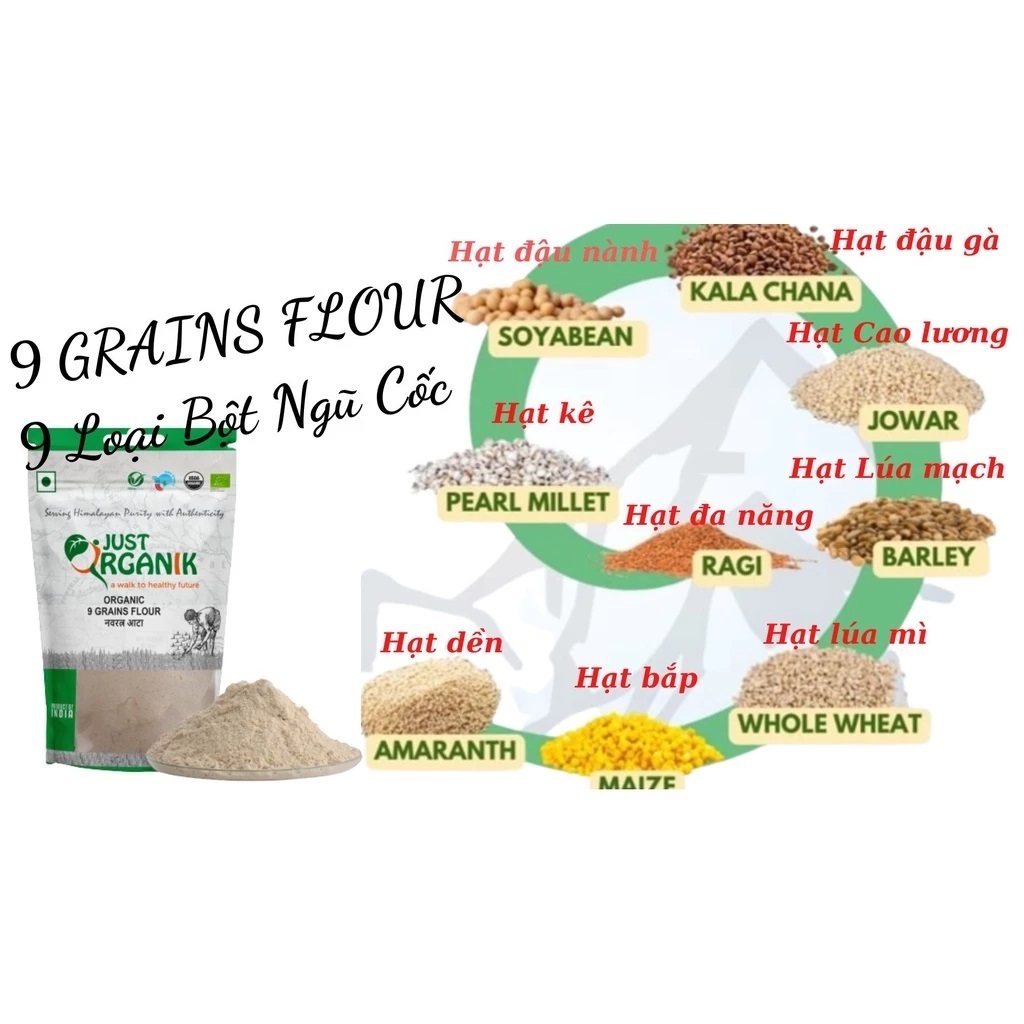 Bột Ngũ Cốc 9 Loại Hạt Dinh Dưỡng Hữu Cơ Just Organik giúp Lợi Sữa Sau Sinh Người Ăn Kiêng