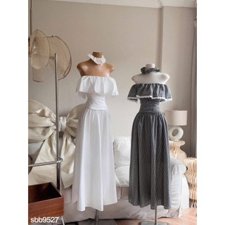 Set váy thời trang Nữ chất LỤA áo trễ vai bèo mix chân váy dài dáng xòe kèm dây buộc tóc thiết kế đơn giản dễ mặc