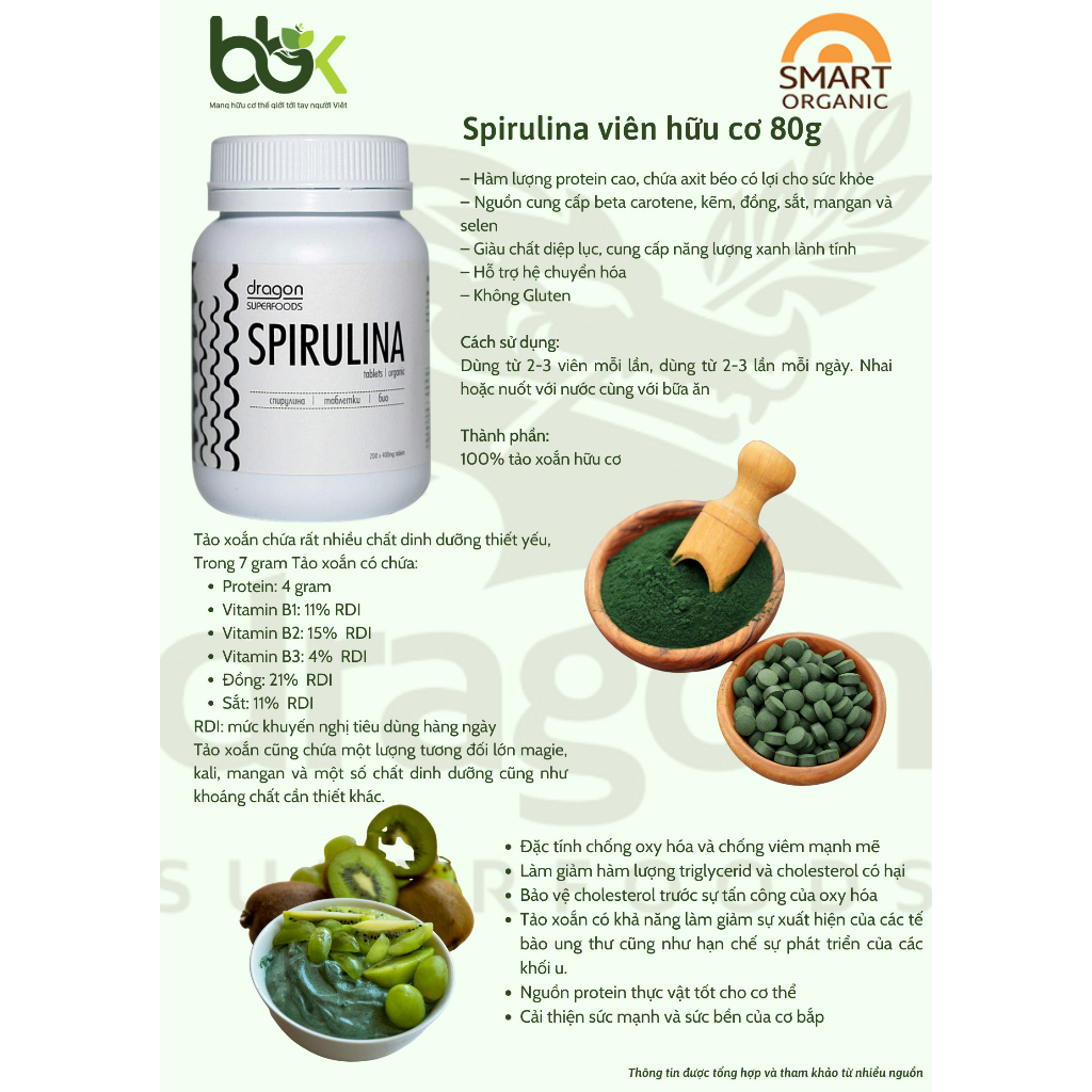 Viên tảo hữu cơ Spirulina/ Chlorella/ Blue Spirulina tablets Dragon Superfoods/ Micro Ingredients