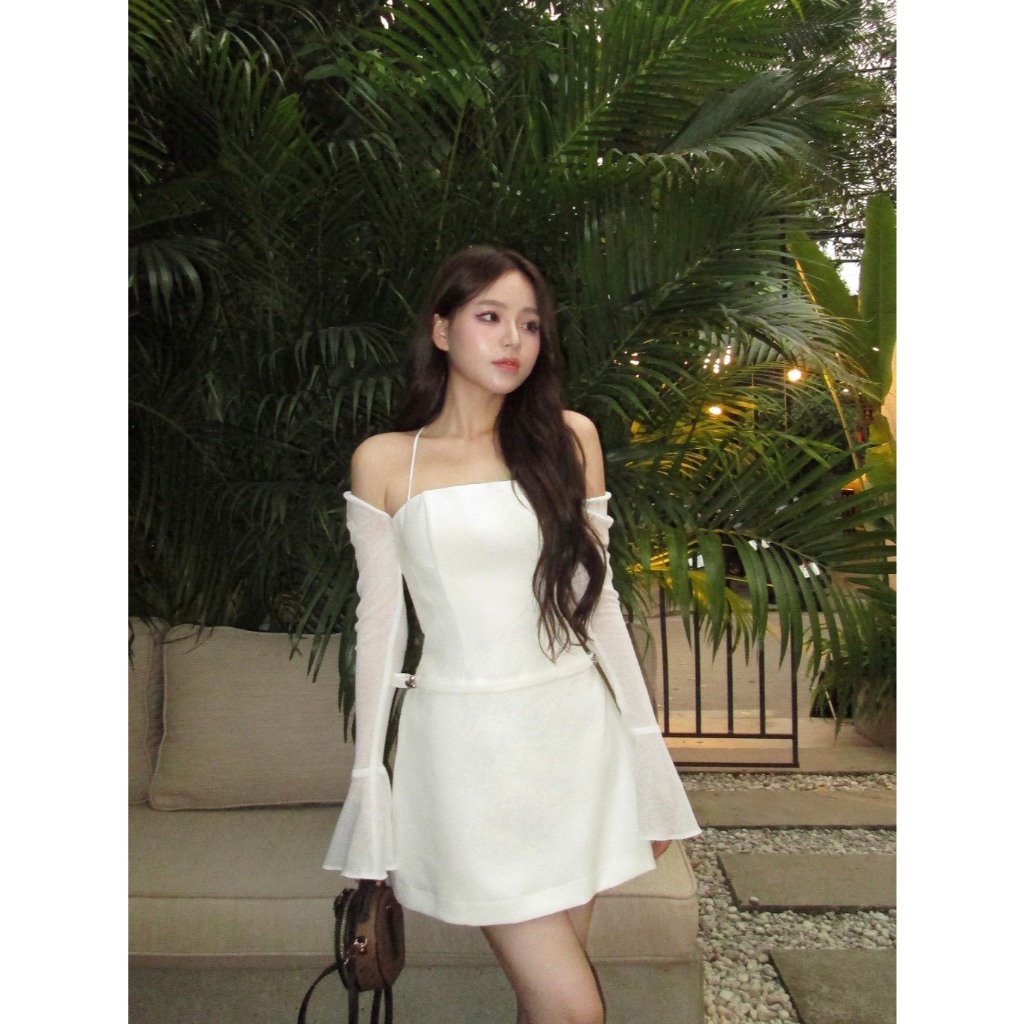Ảnh Đầm thiết kế phối thun tay loa 2 nút bạc MOLLYNISTA thanh lịch quyến rũ cao cấp 1