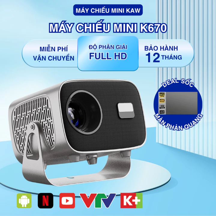 Máy chiếu mini K670, Siêu nét 4K, Chính Hãng, Kết nối wifi, bluetooth, điện thoại, máy tính - Bh12T.