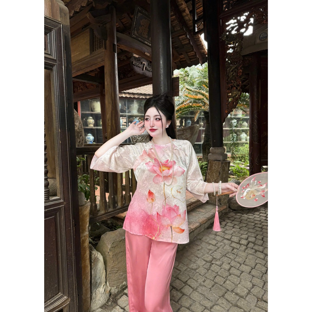 Bộ lam gấm 3D,chất liệu gấm phối quần latin  thoáng mát, thoải mái khi mặc s1003 gấm - Đồ ngủ xinh Vy Linh