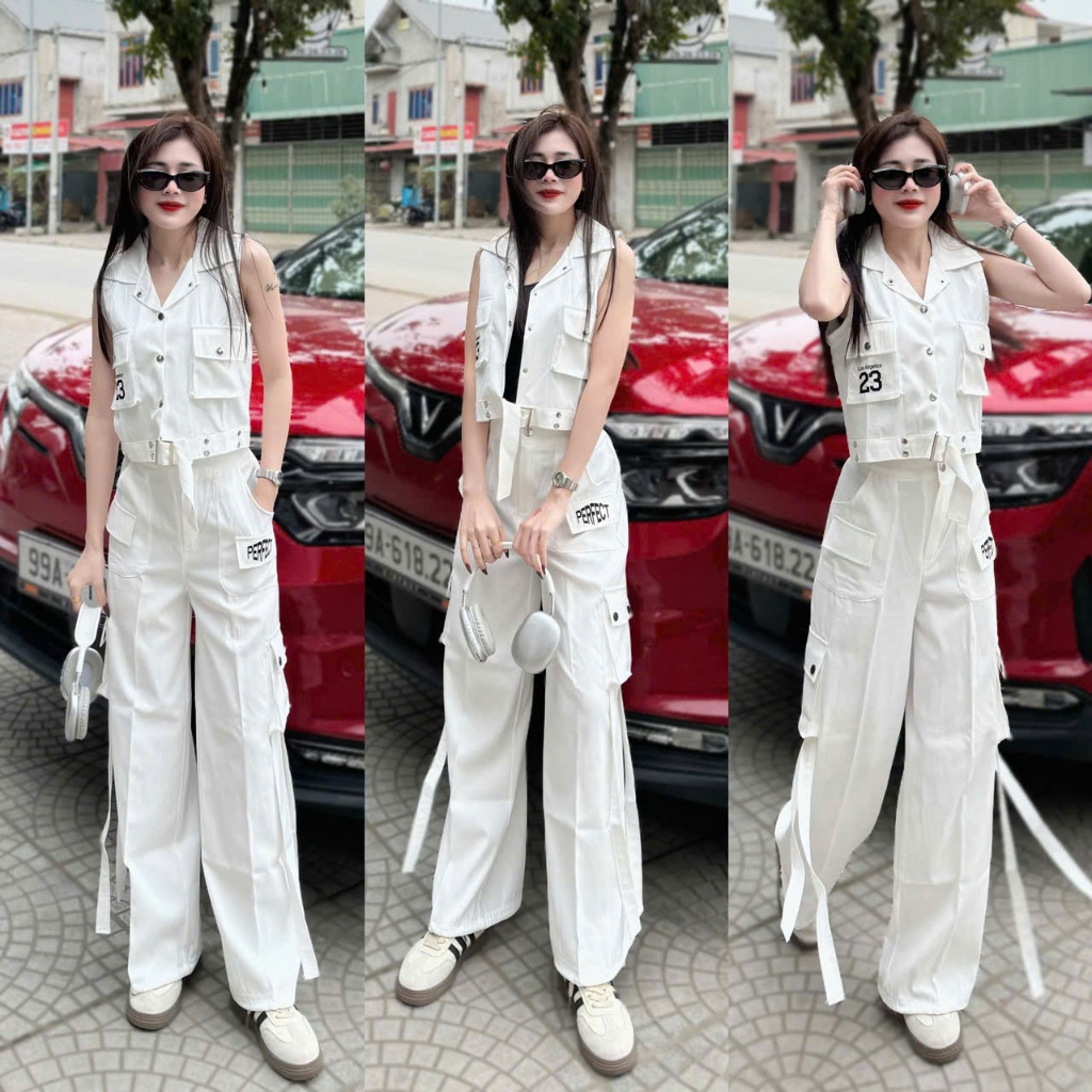 Bộ thể thao nữ gồm quần Jogger túi hộp ống rộng áo Gile cổ bẻ,in số 23, chất liệu kaki mềm.