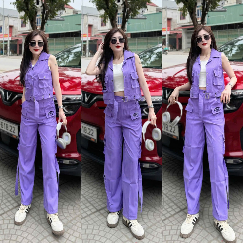 Bộ thể thao nữ gồm quần Jogger túi hộp ống rộng áo Gile cổ bẻ,in số 23, chất liệu kaki mềm.