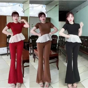 set bộ thun tăm loe, áo tay ngắn phối bèo chéo, quần loe dáng dài