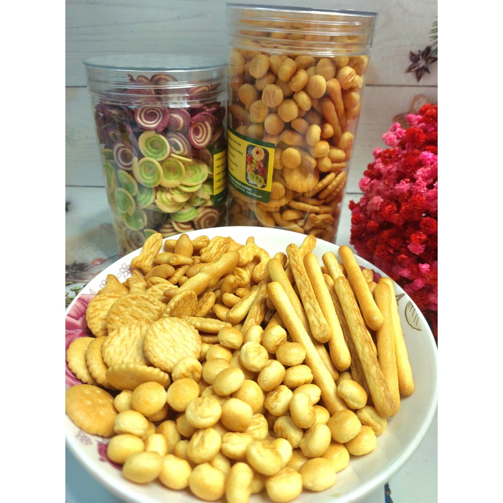 Mix 4 loại Bánh Quy Mặn Liên Hưng: Bánh Quy Đũa, Hạt Ngọc, Tròn, Quy hình Con Cá