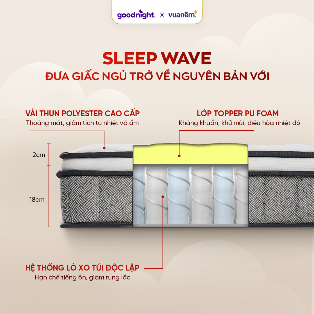 Ảnh Nệm Lò Xo Vua Nệm Goodnight Sleep Wave 20cm, Đệm Lò Xo Khách Sạn Cách Ly Chuyển Động 3