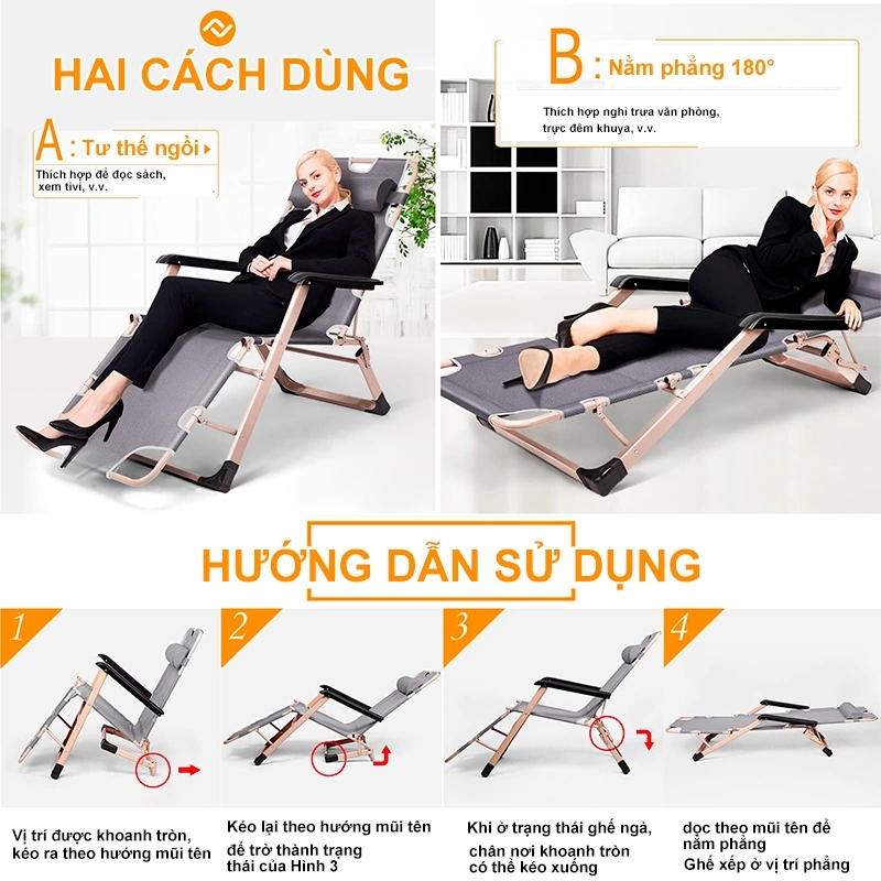 REX Ghế Xếp Đa Năng ghế lười Ghế Nằm Nghỉ Trưa Văn  Chống Lưng Điều Chỉnh 180° Nhôm Cao Cấp Nhẹ 6kg