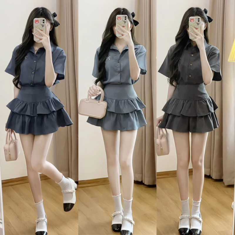 Set Áo Sơ Mi Thêu Nơ Kèm Chân Váy Xòe 2 Tầng Có Quần Bảo Hộ Siêu Xinh MS30