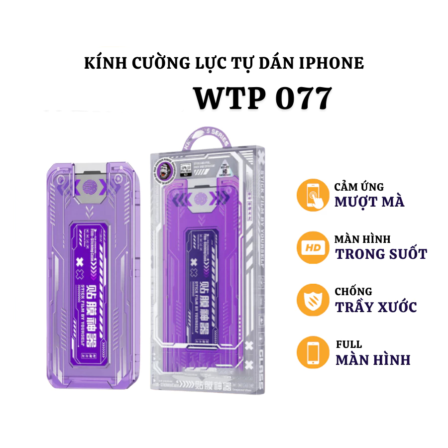 KÍNH CƯỜNG LỰC iPhone Kèm Khung Tự  Dán TRONG SUỐT FULL HD CHO IPHONE ĐỦ MÃ WTP-077