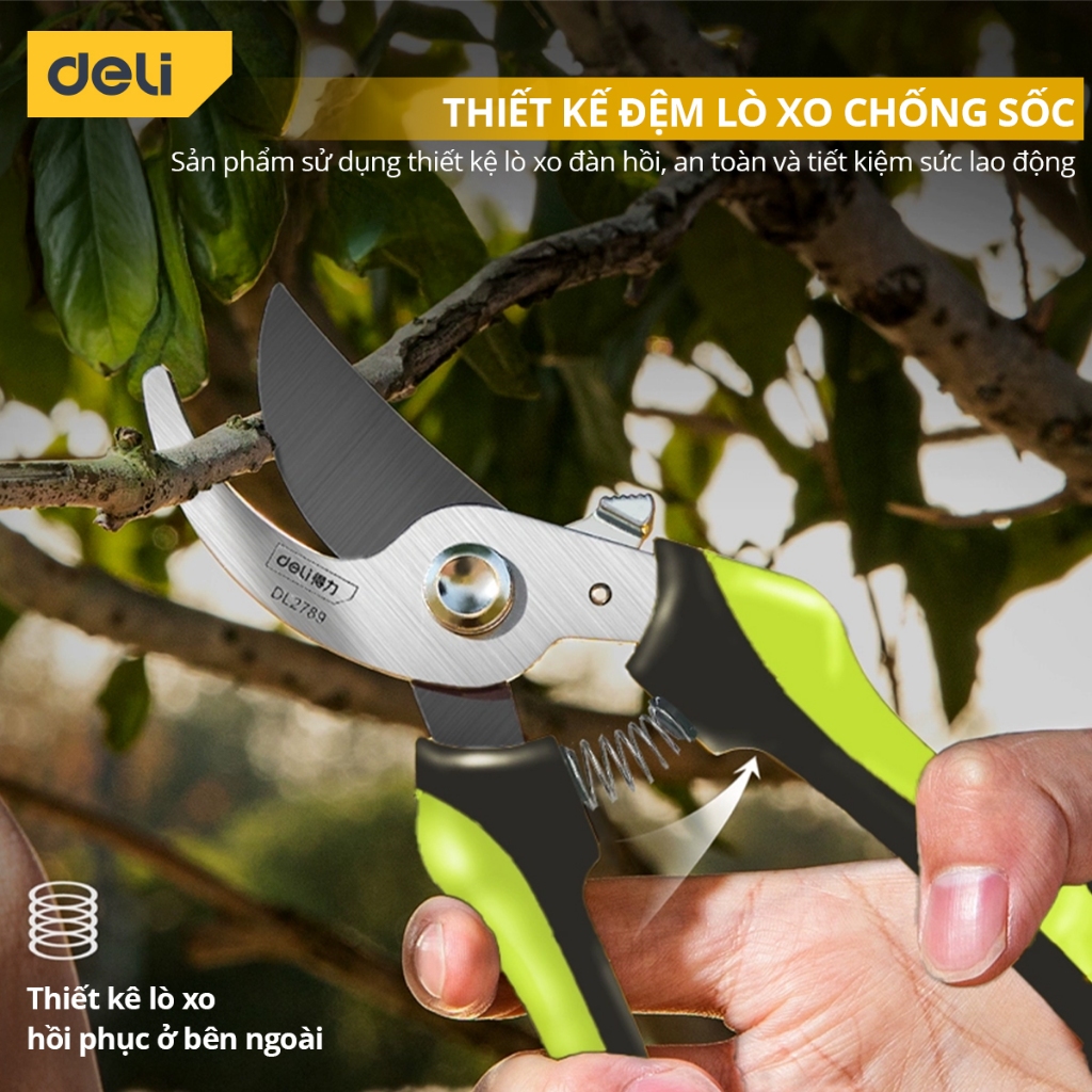 Kéo Cắt Tỉa Cành Cây Deli Chính Hãng 210mm - Lưỡi Thép Sắc Bén, Siêu Bền, Tay Cầm Đệm Cao Su An Toàn, Chắc Chắn - DL2789