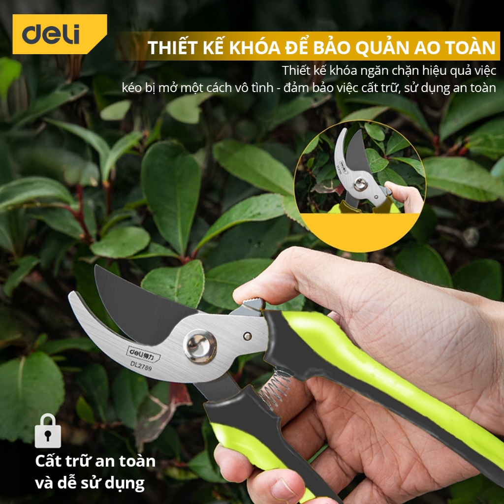 Kéo Cắt Tỉa Cành Cây Deli Chính Hãng 210mm - Lưỡi Thép Sắc Bén, Siêu Bền, Tay Cầm Đệm Cao Su An Toàn, Chắc Chắn - DL2789
