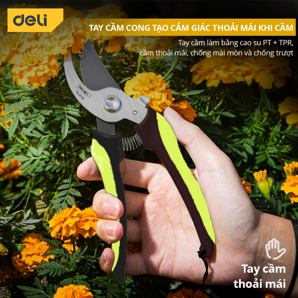 Kéo Cắt Tỉa Cành Cây Deli Chính Hãng 210mm - Lưỡi Thép Sắc Bén, Siêu Bền, Tay Cầm Đệm Cao Su An Toàn, Chắc Chắn - DL2789