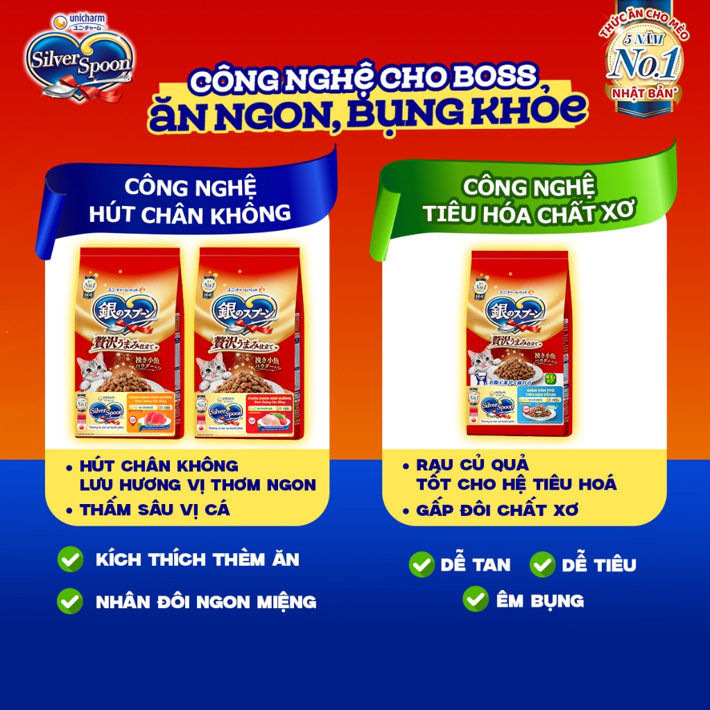 Ảnh Combo 3 Thức ăn hạt thơm ngon/ giảm nôn trớ cho mèo từ Nhật Bản Silver Spoon - Vị gà, cá (1kg/800g) 1