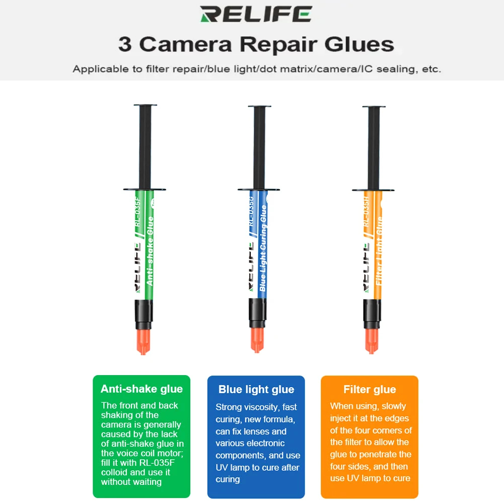 Keo dán Camera RELIFE RL-035F/G/H 3ml dùng cố định lens, filter và cụm chống rung camera điện thoại