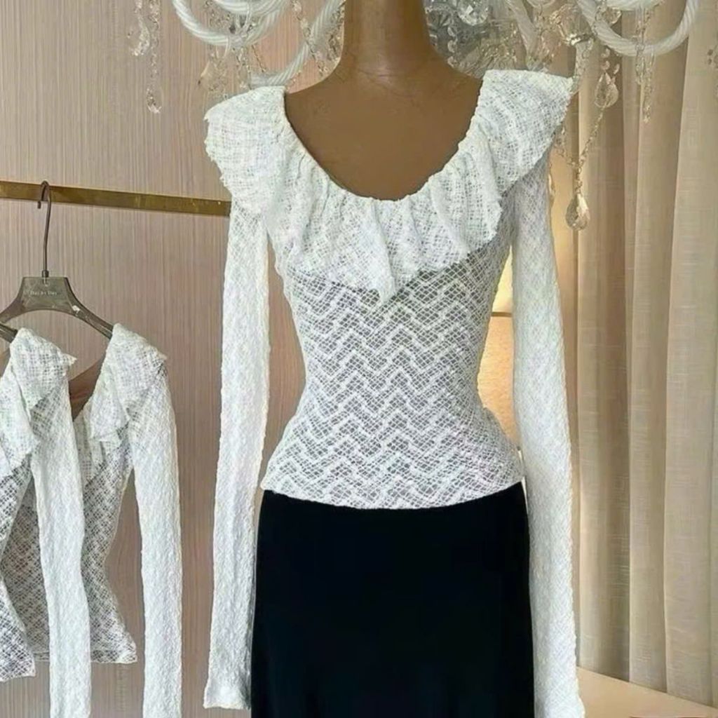 Áo Thun Nữ Bigsize Tay Dài Áo Ren Lưới 2 Lớp ESHOP Áo Phong Nữ Cổ Bèo Dài Tay Đẹp Dễ Thương Ôm Body Xinh MS353