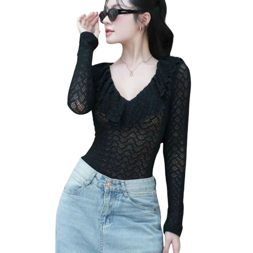 Áo Thun Nữ Bigsize Tay Dài Áo Ren Lưới 2 Lớp ESHOP Áo Phong Nữ Cổ Bèo Dài Tay Đẹp Dễ Thương Ôm Body Xinh MS353