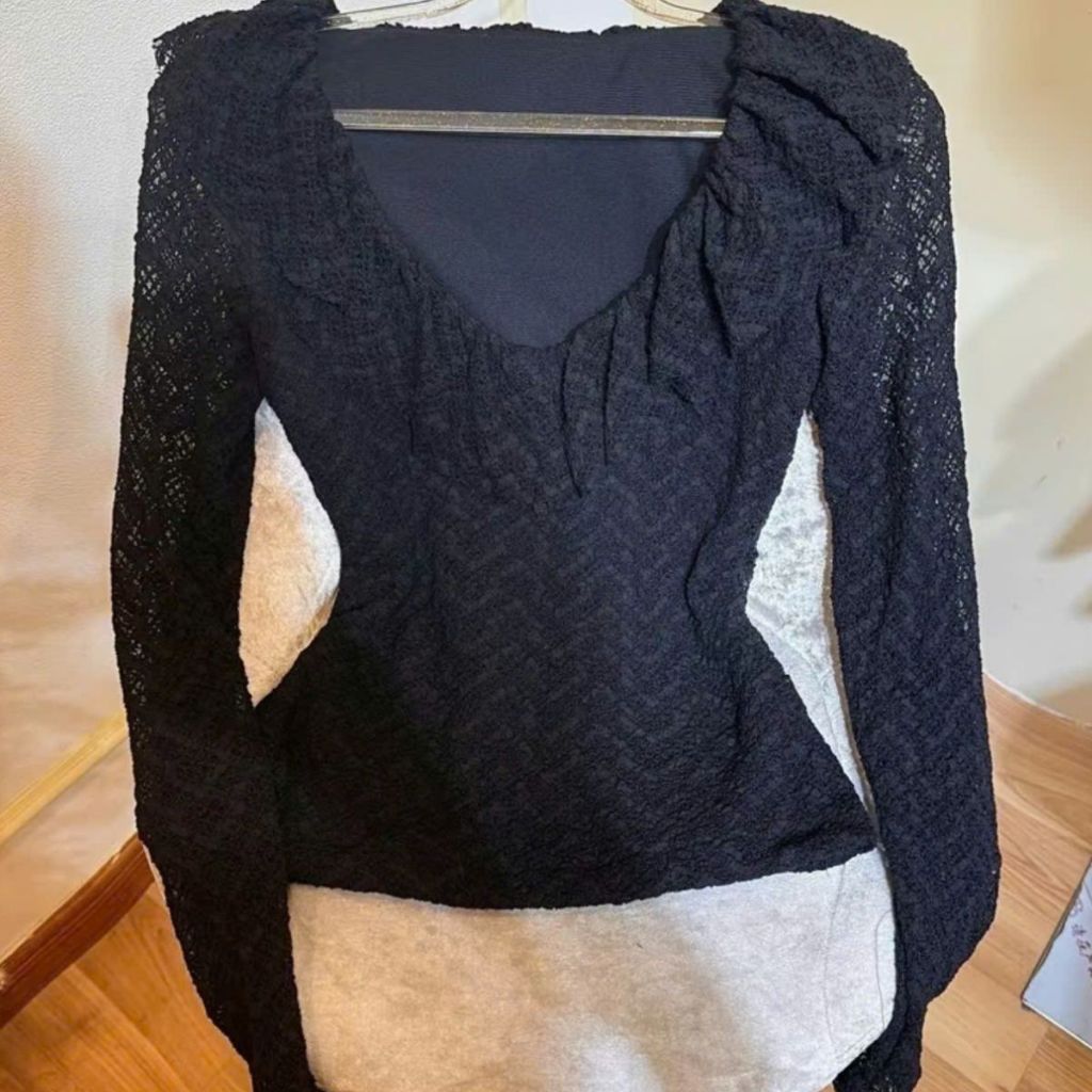 Áo Thun Nữ Bigsize Tay Dài Áo Ren Lưới 2 Lớp ESHOP Áo Phong Nữ Cổ Bèo Dài Tay Đẹp Dễ Thương Ôm Body Xinh MS353