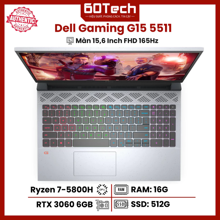 Laptop Dell Gaming G15 5515: Ryzen 7-5800H RAM 16GB SSD 512GB RTX 3060 6GB GDDR6 MÀN 15.6" Full HD