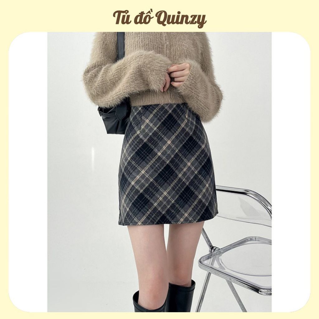 TudoQuinzy Chân Váy Dạ Ngắn Kẻ Sọc Caro Ulzzang Hàn Quốc, chân váy dạ kẻ cạp cao có quần trong