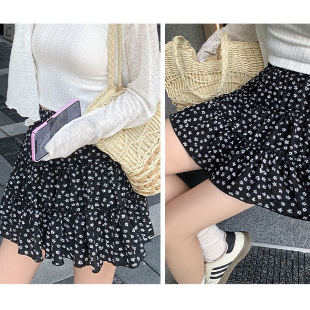(XẢ HÀNG) TudoQuinzy Chân váy hoa nhí cạp chun có lót trong, chân váy ngắn 3 tầng xoè ulzzang