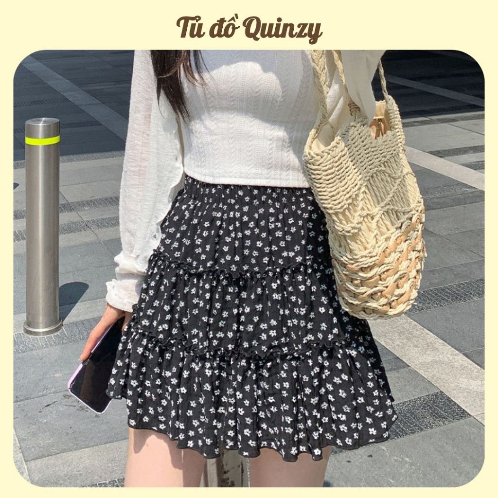 (XẢ HÀNG) TudoQuinzy Chân váy hoa nhí cạp chun có lót trong, chân váy ngắn 3 tầng xoè ulzzang