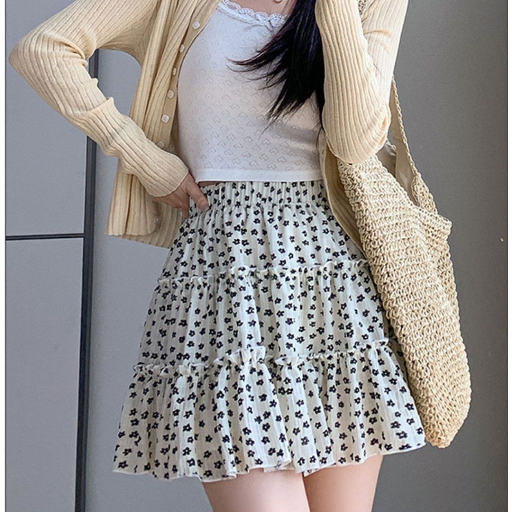 (XẢ HÀNG) TudoQuinzy Chân váy hoa nhí cạp chun có lót trong, chân váy ngắn 3 tầng xoè ulzzang