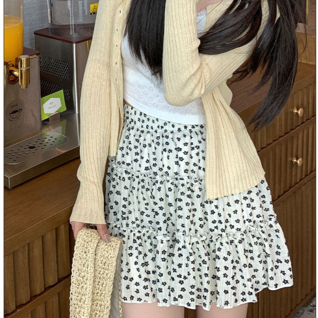 (XẢ HÀNG) TudoQuinzy Chân váy hoa nhí cạp chun có lót trong, chân váy ngắn 3 tầng xoè ulzzang