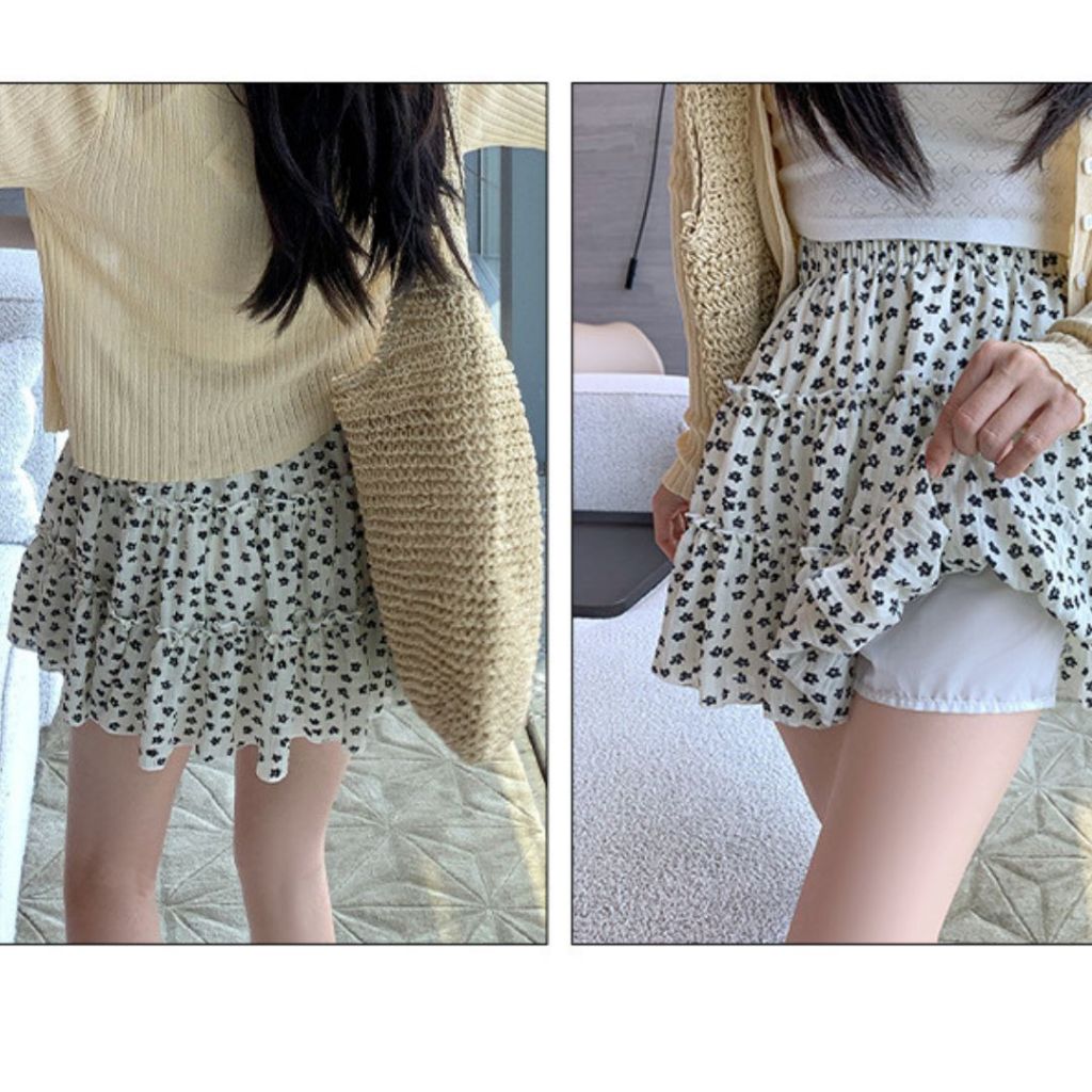 (XẢ HÀNG) TudoQuinzy Chân váy hoa nhí cạp chun có lót trong, chân váy ngắn 3 tầng xoè ulzzang