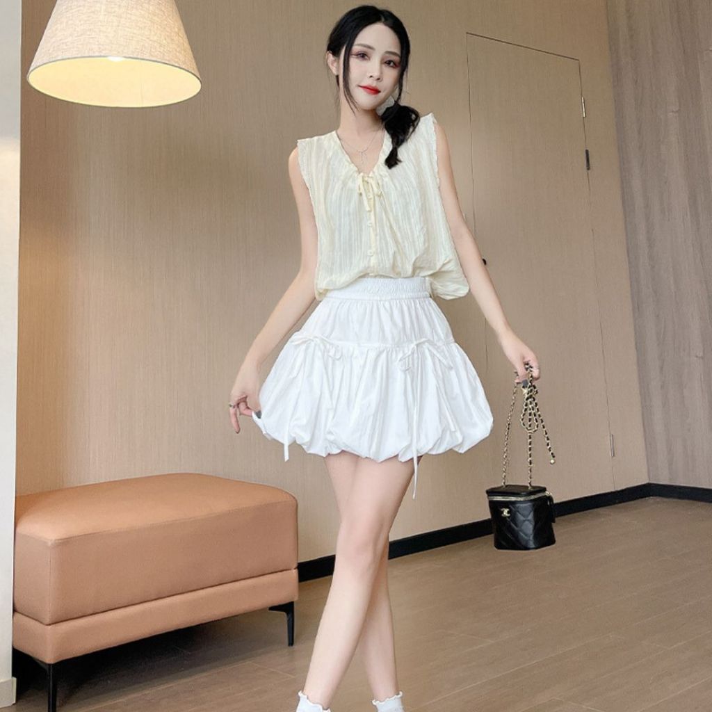TudoQuinzy Chân váy nữ bí phồng đính nơ dáng xòe công chúa chân váy ngắn xòe phối nơ dáng phồng có lót trong
