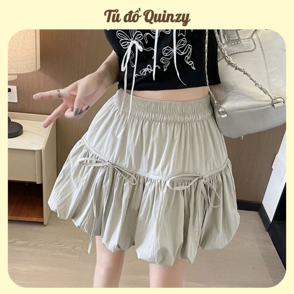 TudoQuinzy Chân váy nữ bí phồng đính nơ dáng xòe công chúa chân váy ngắn xòe phối nơ dáng phồng có lót trong