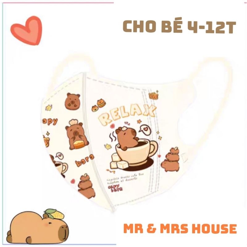 (Set 10c/50c) Mask/ Khẩu Trang Thời Trang Hoạt Hình CAPYBARA Cho Bé 4-12T
