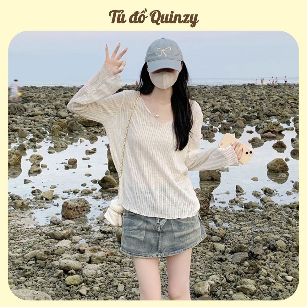 TudoQuinzy Áo thun dệt kim mỏng dài tay cổ chữ V dáng rộng chống nắng mùa hè cho nữ