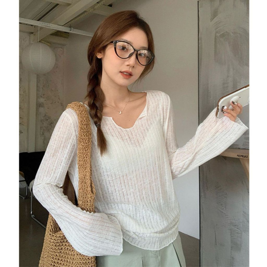 TudoQuinzy Áo thun dệt kim mỏng dài tay cổ chữ V dáng rộng chống nắng mùa hè cho nữ