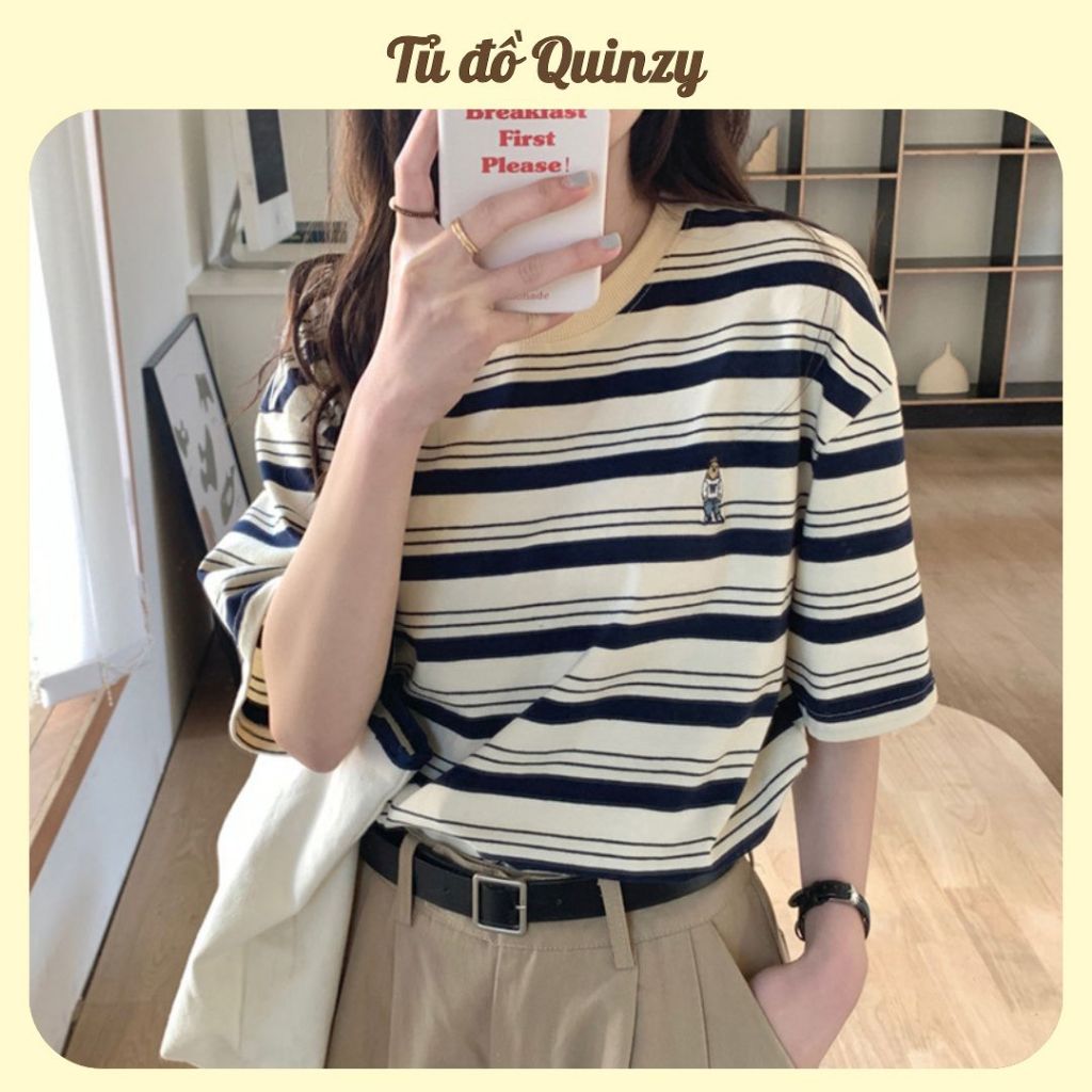 TudoQuinzy Áo thun nữ kẻ sọc thêu gấu cổ tròn ngắn tay dáng rộng phong cách basic