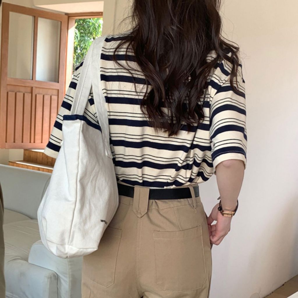 TudoQuinzy Áo thun nữ kẻ sọc thêu gấu cổ tròn ngắn tay dáng rộng phong cách basic