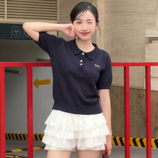 [DELIZ] - Áo len polo nữ cổ bẻ phối cúc thêu nơ ngắn tay form vừa freesize hàng thiết kế PL11