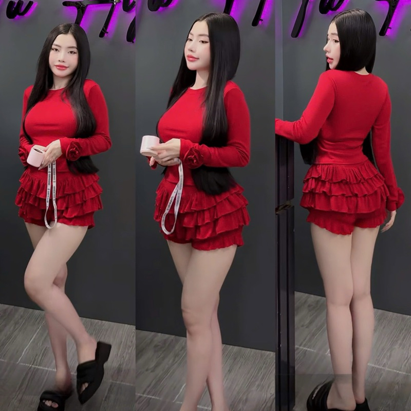 L634- sét bộ thun tăm đính hoa, áo tay dài form suông, quần bí 3 tầng (38-55kg)