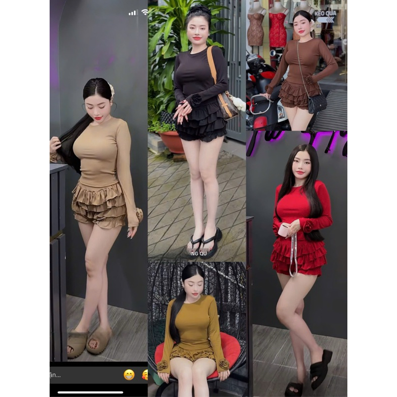 L634- sét bộ thun tăm đính hoa, áo tay dài form suông, quần bí 3 tầng (38-55kg)