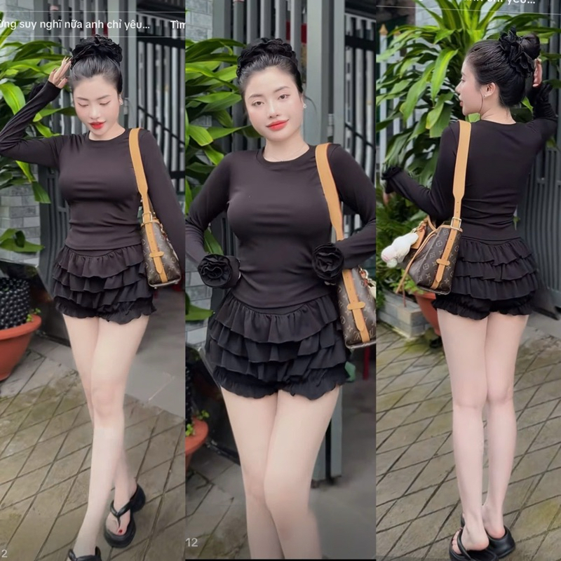 L634- sét bộ thun tăm đính hoa, áo tay dài form suông, quần bí 3 tầng (38-55kg)