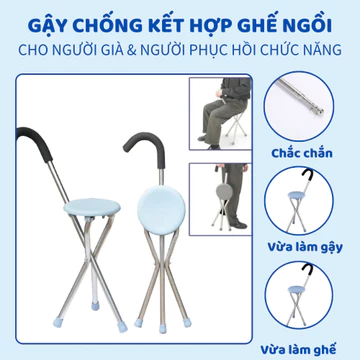 Gậy chống trượt có ghế ngồi cho người già, Gậy gấp gọn cho người già - Gậy chống 3 chân inox có ghế ngồi linh hoạt