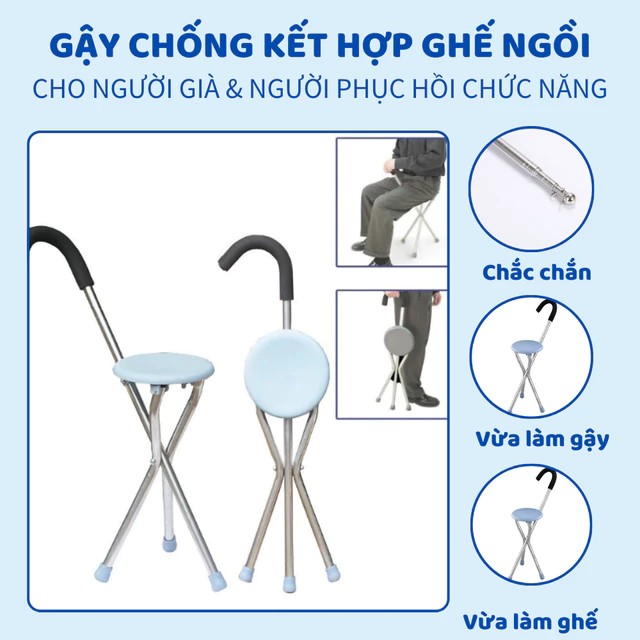 Gậy chống trượt có ghế ngồi cho người già, Gậy gấp gọn cho người già - Gậy chống 3 chân inox có ghế ngồi linh hoạt