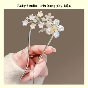Trâm Cài Tóc Chữ U Hoa Đào Ngọc Trai.
