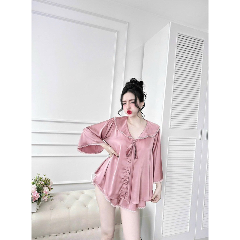 Bộ Đùi Trơn Tay Loe Viền Cổ Nơ Ngực lụa mịn pijama mặc nhà cho nữ